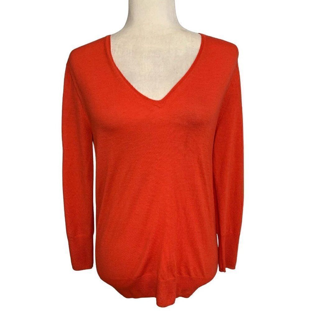 J Crew Women's Bright Orange Red V Neck Long Sleeve Thin Sweater Top Small
